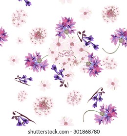 Floral seamless wallpaper pattern with tender  pink and purple flowers