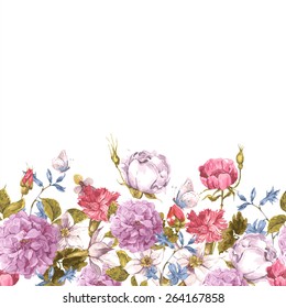 Borda floral sem costura aquarela com rosas, borboleta e flores silvestres em estilo vintage, ilustração vetorial aquarela.