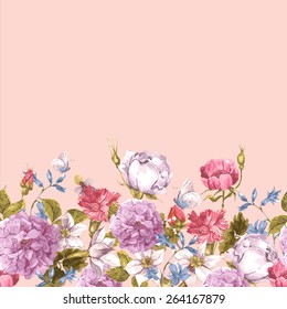 Floral Seamless Watercolor Border with Roses, butterfly and Wildflowers in Vintage Style, Watercolor Vector Illustration.