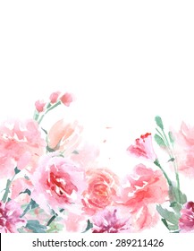 Floral Seamless Watercolor Border with Roses, in Vintage Style, Watercolor Vector Illustration.