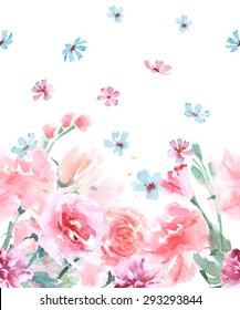 Floral Seamless Watercolor Border With Roses, In Vintage Style, Watercolor Vector Illustration.