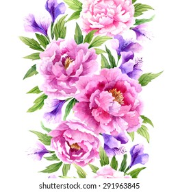 Floral seamless watercolor frame border with pink and violet flowers. 