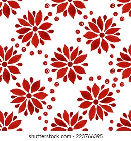 Floral seamless watercolor pattern, bright red flowers and circles on a white background.