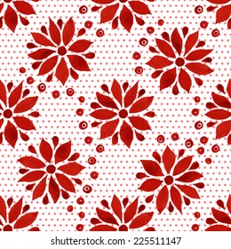 Floral seamless watercolor pattern, bright red flowers and small circles on a white background. 