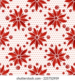 Floral seamless watercolor pattern, bright red flowers and small circles on a white background.