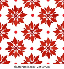 Floral seamless watercolor pattern, bright red flowers and small circles on a white background. 