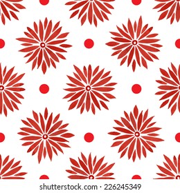Floral seamless watercolor pattern, bright red flowers and small circles on a white background. 