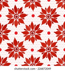 Floral seamless watercolor pattern, bright red flowers and small circles on a white background. 