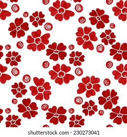 Floral seamless watercolor pattern, bright red flowers and circles on a white background