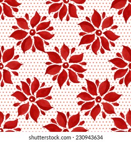 Floral seamless watercolor pattern, bright red flowers and small circles on a white background. 
