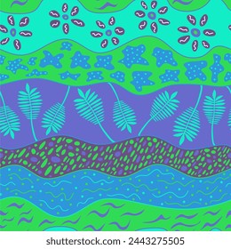 Floral seamless wavy pattern. Violet, green and blue colors. Abstract ornament.