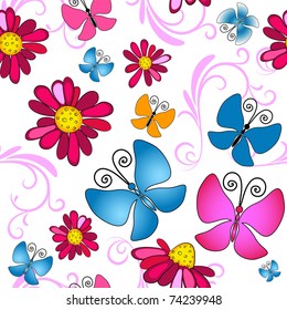 Floral seamless white pattern with vivid flowers and butterflies (vector)