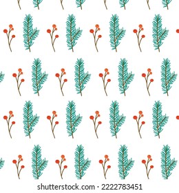 Floral seamless winter pattern with hand drawn pine fir trees twigs and leaves. Decorative leaf design paper cover fabric texture interior gift wrap packaging Green red fall forest cute trendy print
