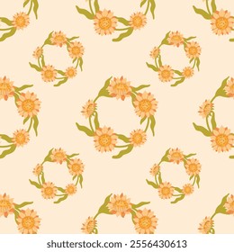 Floral seamless wreath pattern with sunflowers on a light background
