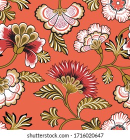 Floral seamlessl pattern. Ornamental backdrop design with fantastic flowers and leaves.  Flourish tiled background.