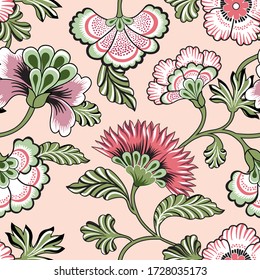 Floral seamlessl pattern. Ornamental backdrop design with fantastic flowers and leaves.  Flourish tiled background.