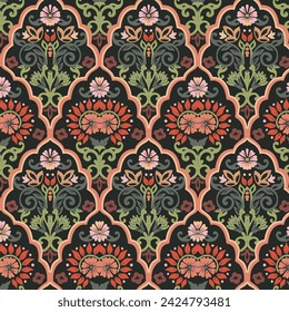 Floral SeamlessPattern. ethnic flowers standing under delicate arches that create a grid with a vintage feel. pattern inspired by the design of a vintage, set inside a trellis.