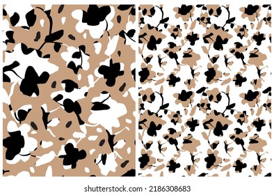 Floral Seamlles Vector Pattern with Abstract Hand Drawn Light Brown and Black Flowers isolated on a White and Brown Background. Abstract Garden Repeatable Print. Calico Style Pattern ideal for Fabric.