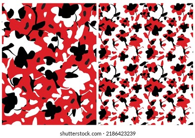 Floral Seamlles Vector Pattern with Abstract Hand Drawn Red and Black Flowers isolated on a White and Red Background. Abstract Garden Repeatable Print. Calico Style Pattern ideal for Fabric.