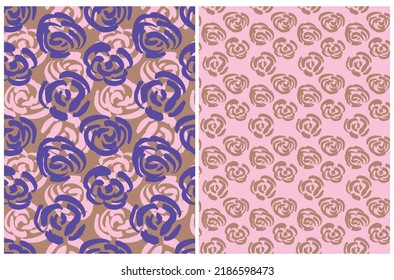 Blumenmuster mit Vektormuster mit abstrakten handgezeichneten Blumen einzeln auf rosafarbenem und braunem Hintergrund. Abstrakter Garten Repetierbare Print. Calico Style Muster ideal für Stoffe. Blossom Roses Muster.