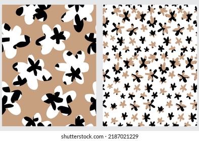 Floral Seamlles Vector Pattern with Abstract Hand Drawn White, Beige and Black Flowers on a White and Light Brown Background. Abstract Garden Repeatable Print. Calico Style Pattern ideal for Fabric.