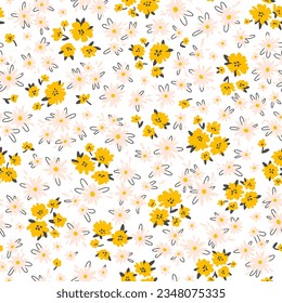 Floral seampless vector pattern. Pretty flowers on white background. Printing with small colorful flowers. Meadow simple floral texture. Ditsy cartoon print