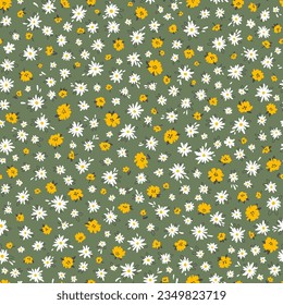 Floral seampless vector pattern. Pretty flowers on green background. Printing with small colorful flowers. Meadow simple floral texture. Ditsy cartoon print