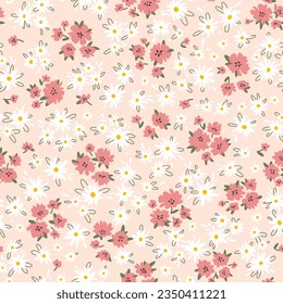 Floral seampless vector pattern. Pretty flowers on pink background. Printing with small colorful flowers. Meadow simple floral texture. Ditsy cartoon print