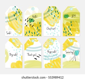 Floral seasonal with sketched berry white yellow tag set.Creative universal gift tags.Hand drawn textures.Ethic tribal design.Ready to print sale labels Isolated on layer.