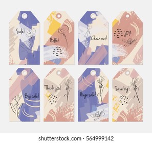 Floral seasonal with sketched dandelion purple brown tag set.Creative universal gift tags.Hand drawn textures.Ethic tribal design.Ready to print sale labels Isolated on layer.