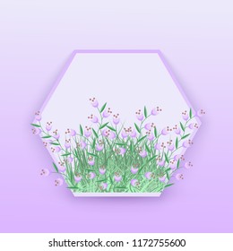 Floral seasonal vector illustration with little violet wildflowers in hexagon shaped badge with empty space for text isolated on tender gradient background - decorative element for natural design.