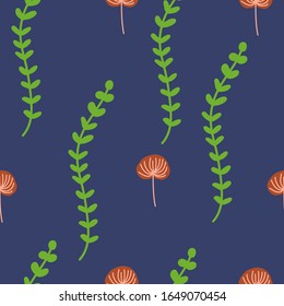 floral seaweed seamless pattern with fantasy flowers on navy blue background