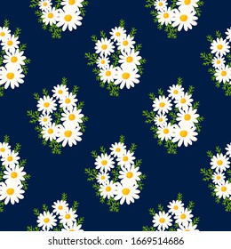 Floral seemless  pattern made of daisy bouquet with small white flowers and green leaves. Chamomile background. Spring summer vintage motif. Vector illustration. 