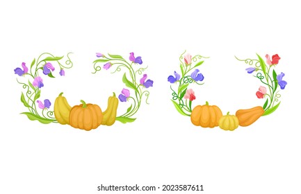 Composición de semicírculo floral de la calabaza y del conjunto de vectores de flores púrpura