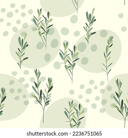 Floral semless pattern. Hand drawn plants. Green plant branches with leaves. Plants simple background. Soft colors