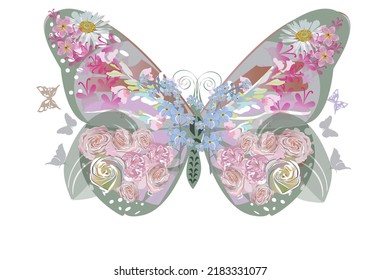 Floral series of greeting backgrounds with cute insects, an abstract butterfly decorated with roses, daisies, leaves and other flowers. Hand drawn vector illustration.