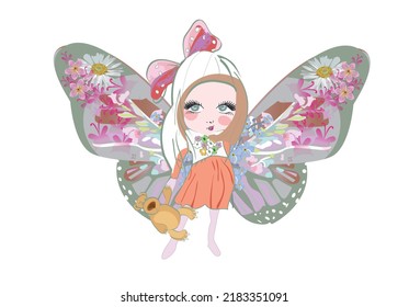 Floral series of greeting backgrounds with a cute girl in the  image of a butterfly decorated with roses, daisies, leaves and other flowers. Hand drawn vector illustration.