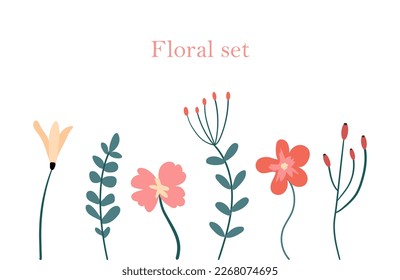 Floral set of 6 cute elements. Beautiful flowering plants with a botanical theme. Rose, leaves, bellflower. Vector set of beautiful botanical elements in flat style.