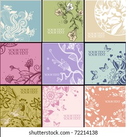 floral set of 9 hand drawn cards with fantasy flowers and plants