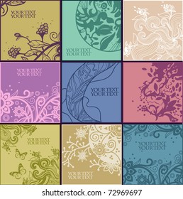 floral set of 9 hand drawn cards with blooming flowers and fantasy plants
