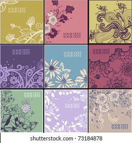 floral set of 9 hand drawn cards with blooming flowers and fantasy plants