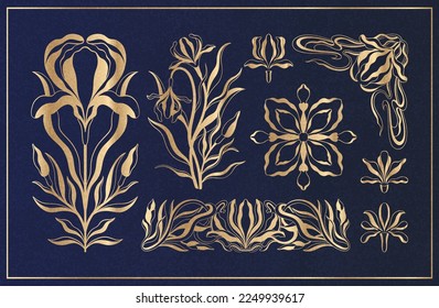 Floral set in art nouveau 1920-1930. Hand drawn in a linear style with weaves of lines, leaves and flowers. Vector illustration.