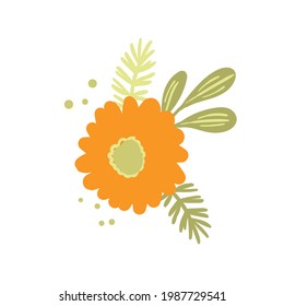 Floral set based on traditional folk art ornaments. Isolated orange and green flowers. Scandinavian style. Sweden nordic style. Vector illustration. Simple minimalistic nature element.