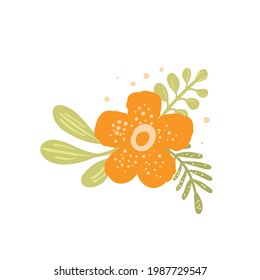 Floral set based on traditional folk art ornaments. Isolated orange and green flowers. Scandinavian style. Sweden nordic style. Vector illustration. Simple minimalistic nature element.