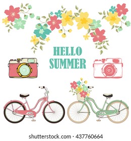 Floral set with bicycles and a camera. Vector illustration.