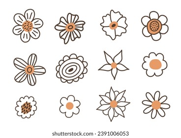 Floral set in black and white and color accent. Doodle flowers and leaves. Cute hand drawn flowers