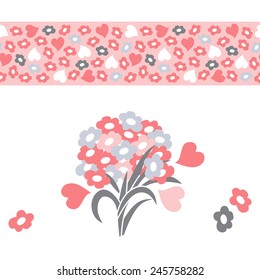 Floral set: Bouquet of flowers,  Pink Seamless horizontal border with flowers and hearts. Valentine background.