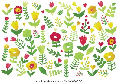 Floral set, bright summer doodle clip art kit on white background