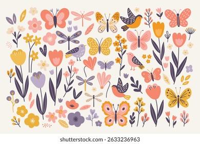 Conjunto floral - borboletas, libélulas, pássaros, flores de prado, tulipas, folhas sobre fundo branco. Perfeito para cartões de saudação de primavera e verão, decorações. Ilustração desenhada à mão vetorial