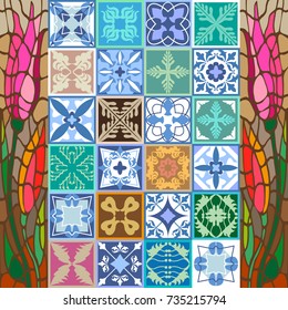 Floral set of checkered ceramic tiles. Glazed ceramic mosaic with Moroccan, Spanish, Portuguese motifs. Ornaments for hamam, bathroom, kitchen design. Architectural collection, blue, pink palette.